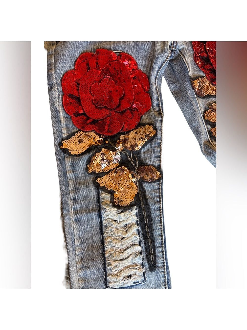 Sequin Rose Embellished Skinny Blue Denim Jeans Size 30 - Picture 3 of 5